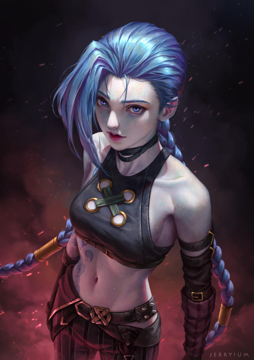 1girl, absurdres, arcane:_league_of_legends, bare_shoulders, belt, blue_eyes, blue_hair, braid