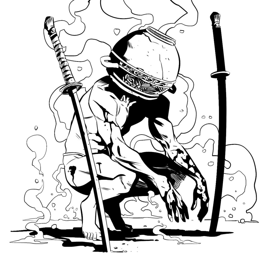 1boy, aura, blood, blood_on_hands, elden_ring, greyscale, highres, katana