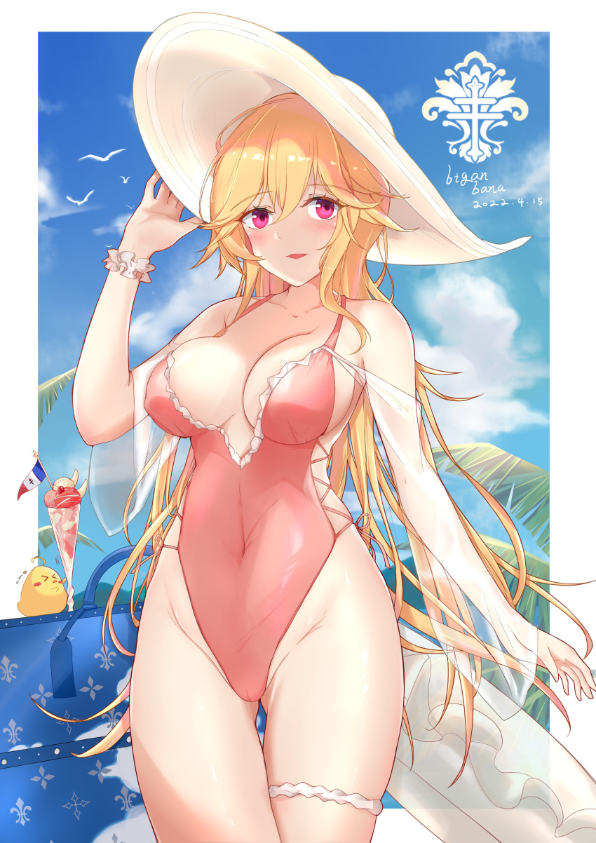 1girl, absurdres, azur_lane, biganbanani, bird, blonde_hair, blue_sky, breasts