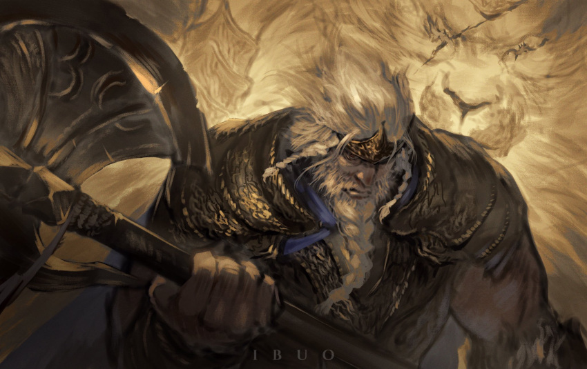 1boy, animal, armor, artist_name, axe, bangs, beard, braid