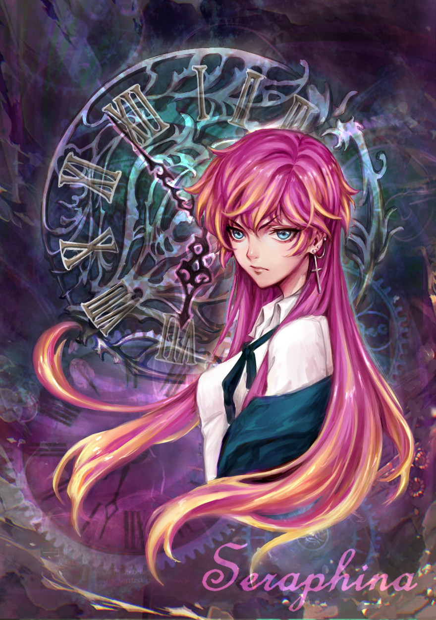 1girl, aireenscolor, black_necktie, blue_eyes, character_name, clock, cross, cross_earrings