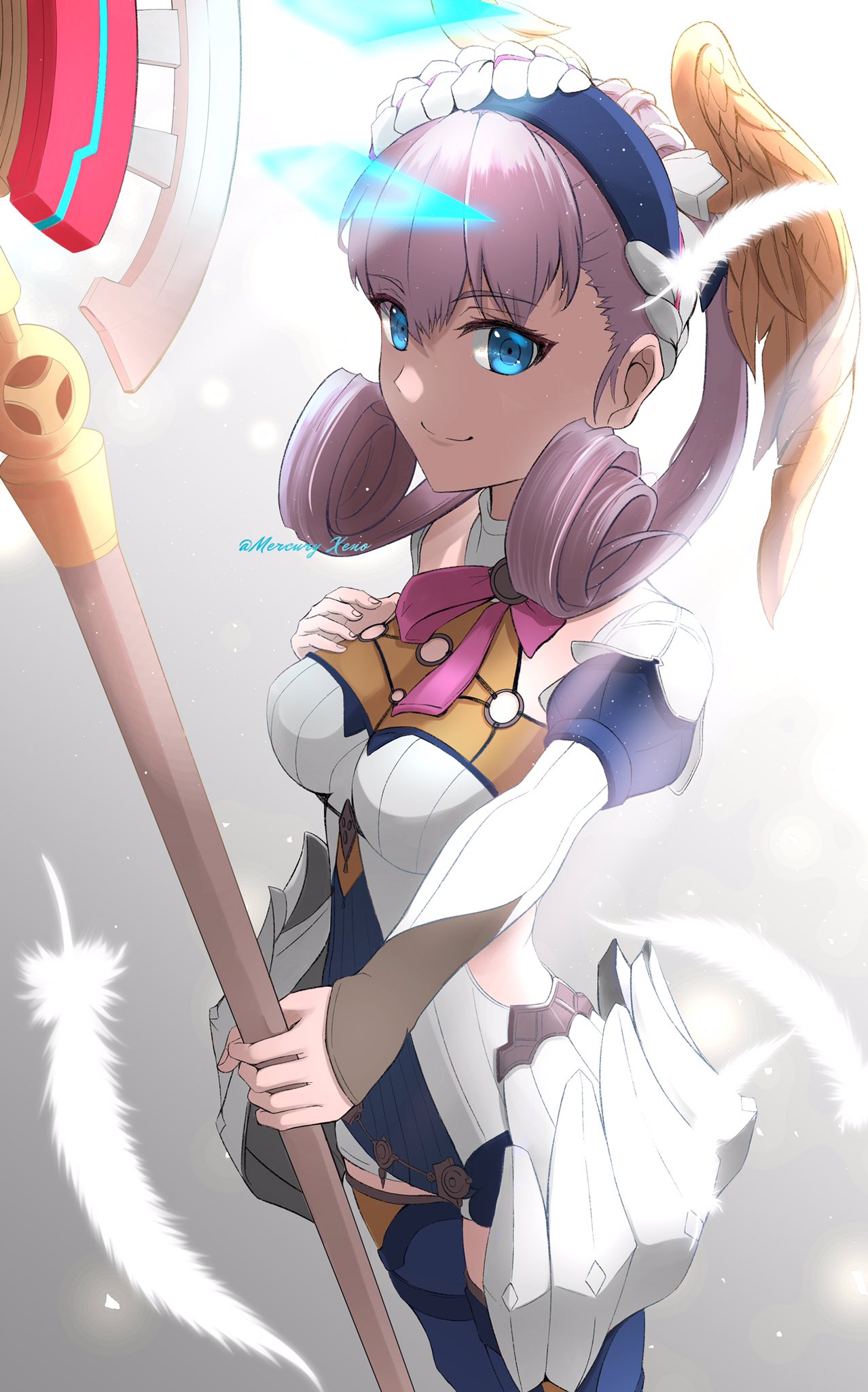 1girl, blue_eyes, blush, braid, breasts, crown_braid, curly_hair, gloves