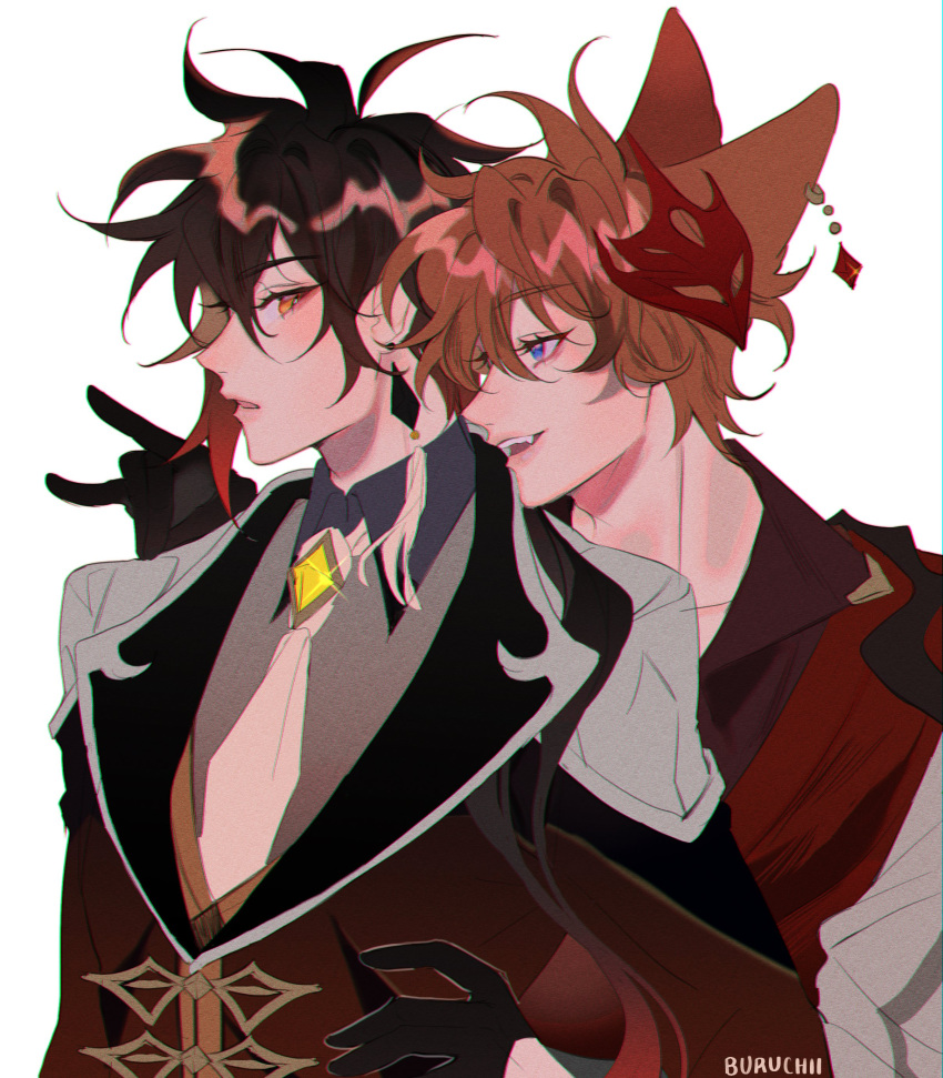 2boys, absurdres, animal_ears, antenna_hair, artist_name, bangs, black_gloves, blue_eyes, brown_eyes, brown_hair, buruchii, collared_shirt, commentary, earrings, english_commentary, eyelashes, eyeliner, eyeshadow, fangs, fox_ears, fox_shadow_puppet, gem, genshin_impact, gloves, half_gloves, highres, jewelry, long_sleeves, makeup, mask, mask_on_head, multicolored_hair, multiple_boys, necktie, open_mouth, orange_hair, red_eyeshadow, red_mask, red_scarf, scarf, sharp_teeth, shiny, shiny_hair, shirt, sideways_glance, single_earring, tartaglia_(genshin_impact), tassel, tassel_earrings, teeth, two-tone_hair, vest, white_background, white_necktie, wing_collar, zhongli_(genshin_impact)