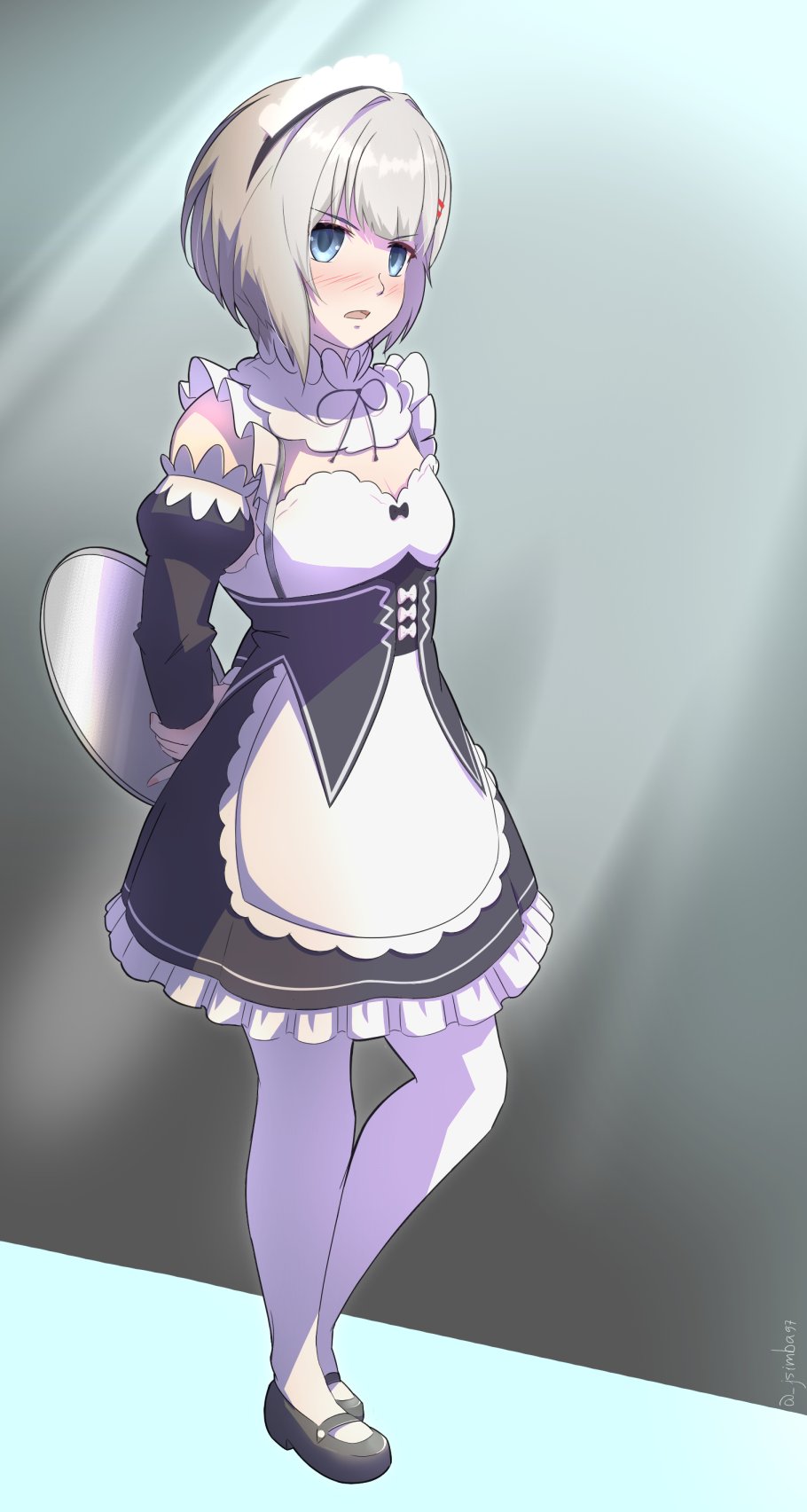 arms_behind_back, blue_eyes, blush, breasts, commentary_request, cosplay, detached_sleeves, dress, embarrassed, eyebrows_visible_through_hair, frilled_dress, frilled_sleeves, frills, full_body, hair_ornament, highres, holding, holding_plate, juansimba97, looking_at_viewer, maid, maid_headdress, mary_janes, medium_hair, open_mouth, plate, re:zero_kara_hajimeru_isekai_seikatsu, rem_(re:zero), rem_(re:zero)_(cosplay), rurine_luna, shoes, sideways_glance, small_breasts, spanish_commentary, standing, underbust, v-shaped_eyebrows, wactor_production, white_legwear