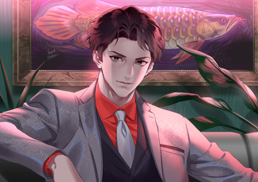 1boy, arapaima, artist_name, banned_artist, black_vest, brown_eyes, brown_hair, closed_mouth, coat, collared_shirt, fashion, formal, looking_at_viewer, male_focus, midori_foo, necktie, original, painting_(object), plant, red_shirt, shirt, short_hair, suit, upper_body, vest, waistcoat, white_coat, white_necktie