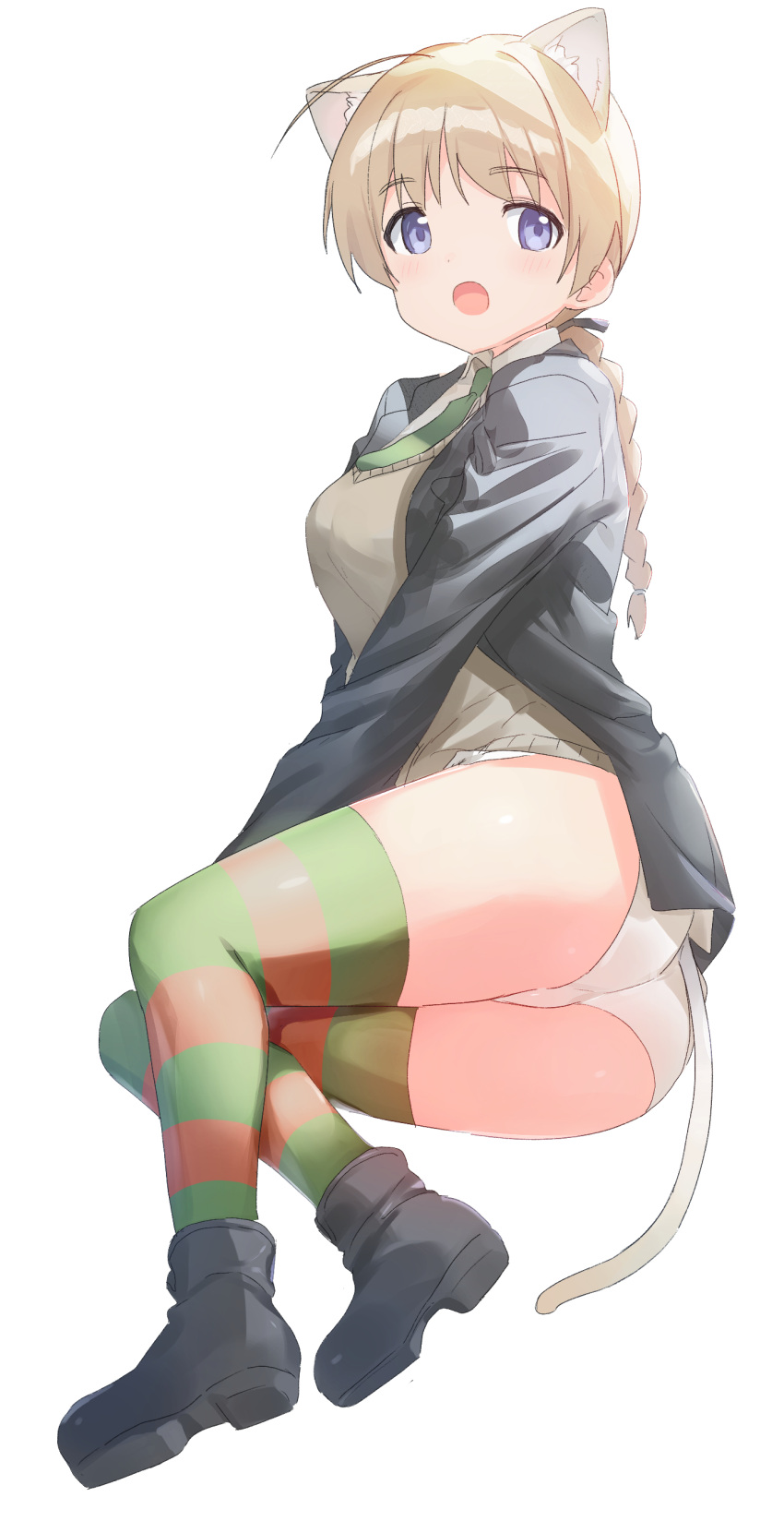 1girl, absurdres, ahoge, animal_ear_fluff, animal_ears, arm_support, ass, black_footwear