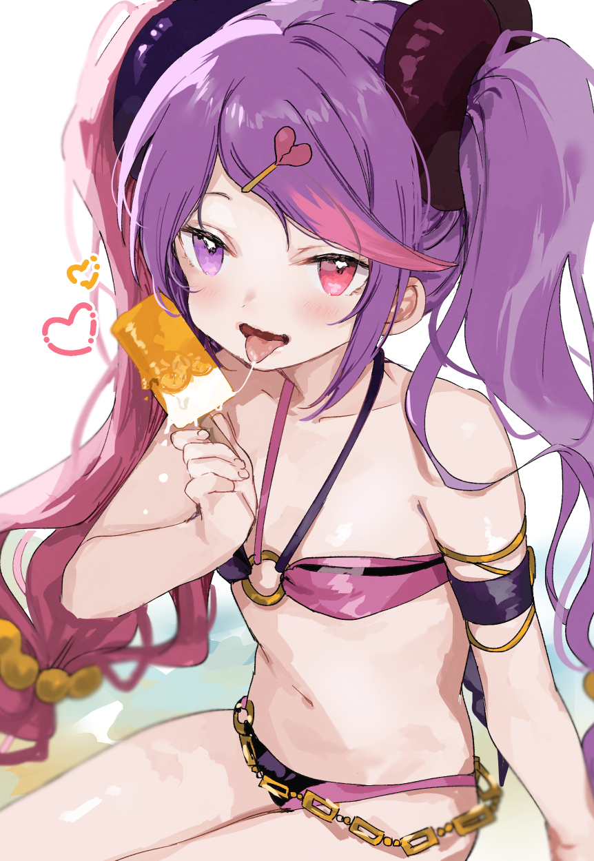 1girl, armband, beach, bikini, black_bikini, blush, chain, collarbone, fingernails, food, hair_ornament, heart, heart_hair_ornament, heterochromia, highres, holding, holding_food, long_hair, looking_at_viewer, misaki_(princess_connect!), multicolored_hair, nonoyama, o-ring, pink_eyes, pink_hair, popsicle, princess_connect!, purple_bikini, purple_hair, saliva, saliva_trail, sand, shiny, shiny_skin, solo, swimsuit, tongue, tongue_out, twintails, very_long_hair, violet_eyes, water