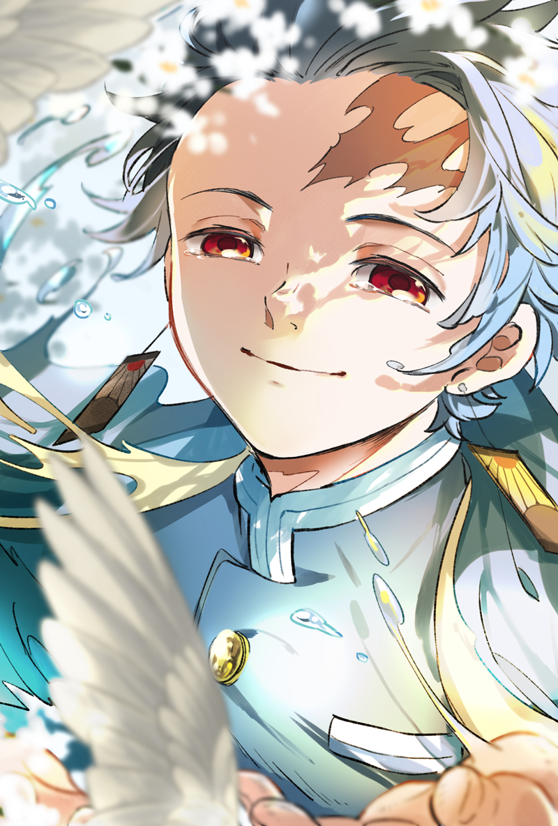 0shu_0v0, 1boy, animal, bird, black_hair, blue_hair, blue_theme, blurry