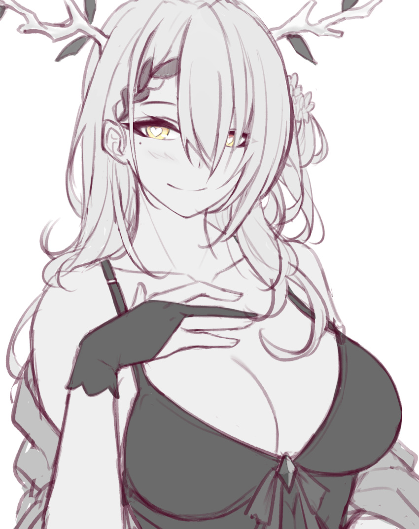 1girl, bangs, bare_shoulders, braid, branch, breasts, ceres_fauna, collarbone, gloves, greyscale, hand_on_own_chest, heart, heart-shaped_pupils, highres, hololive, hololive_english, horns, kmmkn, large_breasts, leaf, looking_at_viewer, loose_clothes, mature_female, medium_hair, monochrome, smile, symbol-shaped_pupils, wavy_hair