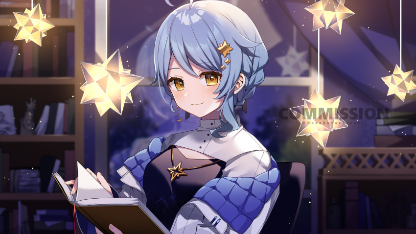 1girl, absurdres, ahoge, blue_hair, book, hair_ornament, hairclip, hazakura_chikori, highres, hoshimi_madoka, indie_virtual_youtuber, jewelry, necklace, short_hair, smile, star_(symbol), virtual_youtuber, yellow_eyes