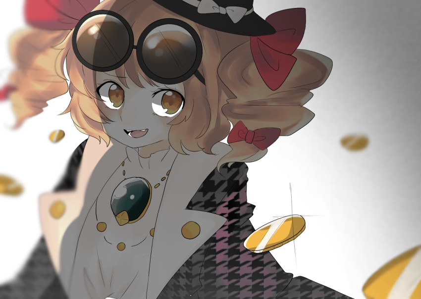 1girl, bow, coat, coin, commentary_request, dress, drill_hair, eyewear_on_head
