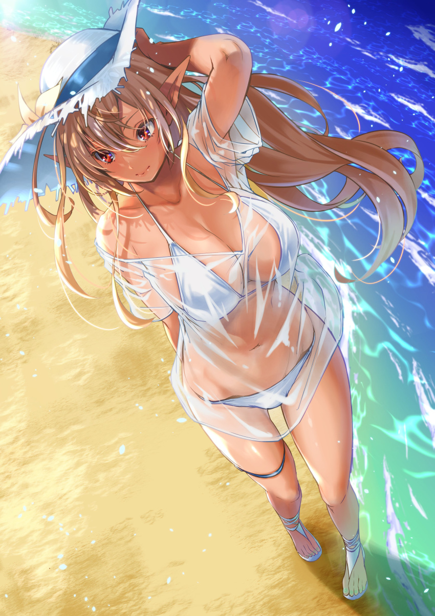 1girl, absurdres, arm_up, beach, bikini, blonde_hair, blush, breasts