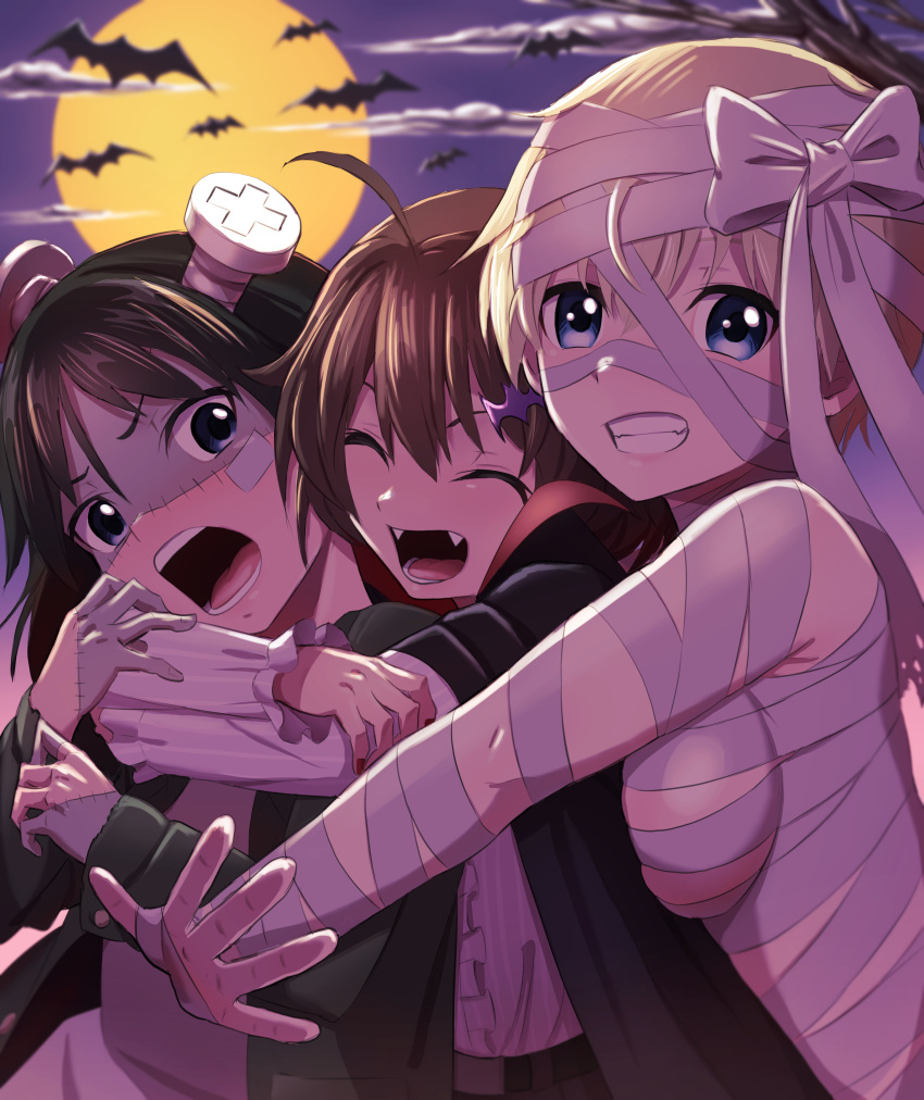 3girls, ^_^, absurdres, ahoge, bat, bat_hair_ornament, black_eyes, blue_eyes