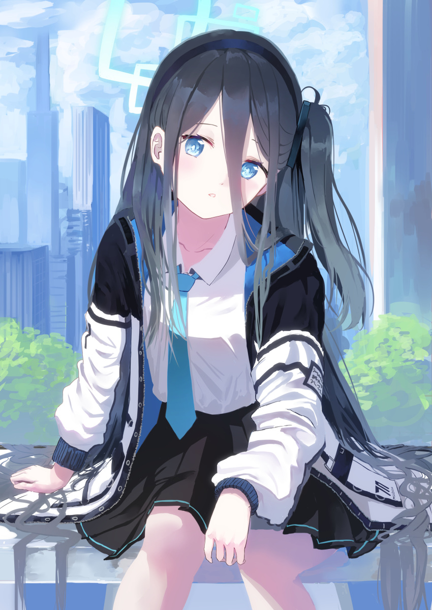 1girl, absurdly_long_hair, absurdres, arisu_(blue_archive), black_hair, black_hairband, blue_archive, blue_eyes, breasts, bright_pupils, building, collarbone, collared_shirt, expressionless, hair_between_eyes, hairband, halo, hand_on_own_knee, highres, jacket, long_hair, looking_at_viewer, multicolored_clothes, multicolored_jacket, one_side_up, outdoors, pleated_skirt, school_uniform, shirt, skirt, small_breasts, solo, tont27, tree, very_long_hair, white_pupils