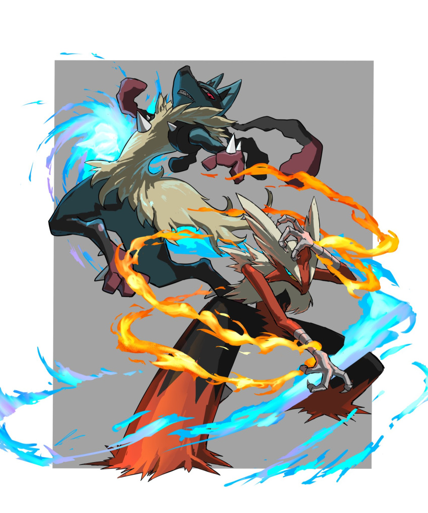blaziken, blue_eyes, border, claws, clenched_teeth, commentary_request, energy, fire