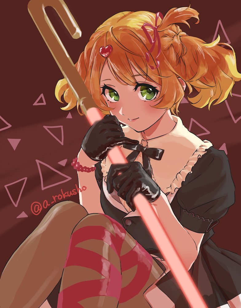 1girl, aoi_rokushou, black_gloves, black_jacket, black_legwear, blonde_hair, cane, colored_tips
