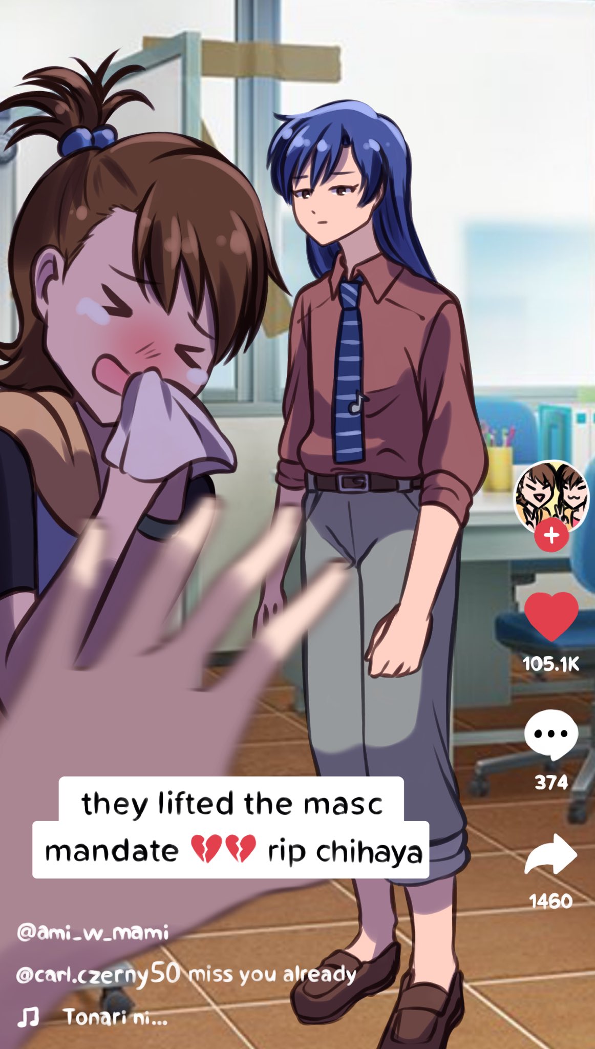 >_<, 2girls, annoyed, bangs, belt, black_belt, blue_necktie, blush, brown_footwear, brown_hair, clenched_hand, collared_shirt, english_commentary, english_text, fake_screenshot, futami_ami, futami_mami, grey_pants, hair_behind_ear, highres, holding_handkerchief, idolmaster, idolmaster_(classic), kisaragi_chihaya, multiple_girls, necktie, open_hand, pants, ponytail, pov, red_shirt, seine_(hanamukes), shirt, solo_focus, tiktok