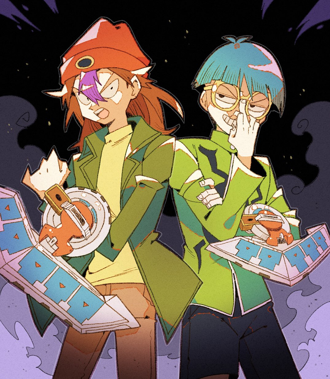 2boys, adjusting_eyewear, antenna_hair, aqua_hair, beanie, black_eyes, bowl_cut, brown_hair