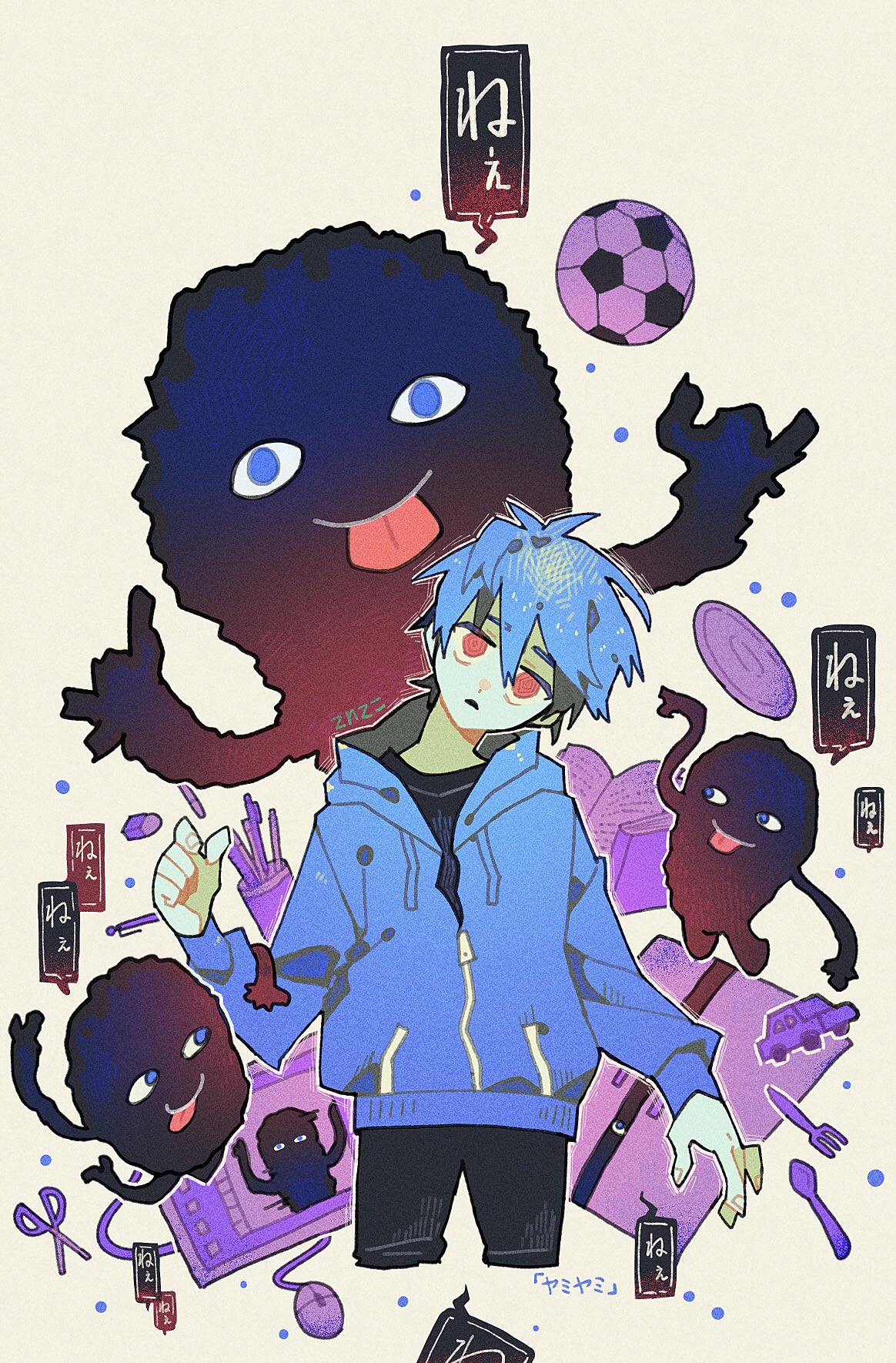 1boy, @_@, ball, blue_eyes, blue_hair, blue_hoodie, blue_theme, book, cable, closed_mouth, creature, eraser, eyebrows_visible_through_hair, fingernails, fork, frisbee, hair_between_eyes, head_tilt, highres, hood, hood_down, hoodie, male_focus, mechanical_pencil, monitor, mouse_(computer), open_book, open_mouth, original, pencil, red_eyes, scissors, signature, soccer_ball, speech_bubble, spoon, tenteko_mai51, tongue, tongue_out, toy_car, zipper, zipper_pull_tab