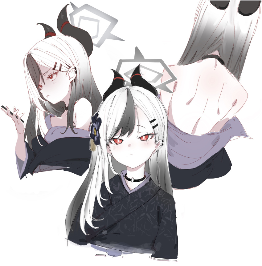 1girl, absurdres, bare_shoulders, black_choker, black_hair, black_kimono, blue_archive, choker