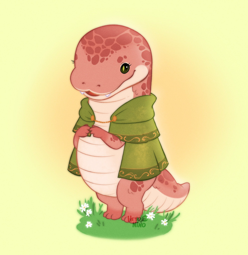 1girl, :3, cape, chibi, elden_ring, furry, furry_male, grass, green_cape, heyoitsnino, highres, looking_at_viewer, own_hands_together, rya_(elden_ring), signature, smile, solo, spoilers, standing