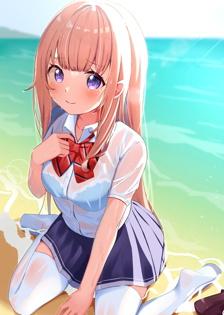 1girl, absurdres, beach, blush, bow, bowtie, bra_visible_through_clothes, bralines