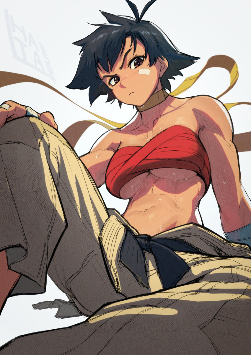 1girl, abs, bandaid, bandaid_on_face, bangs, bare_shoulders, black_hair, breasts, brown_eyes, choker, closed_mouth, collarbone, dougi, hata4564, highres, makoto_(street_fighter), medium_breasts, navel, ribbon_choker, short_hair, solo, sports_bra, street_fighter, street_fighter_iii_(series), sweat, tomboy