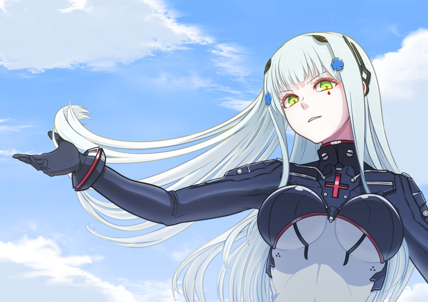 1girl, bangs, blue_sky, bodysuit, breasts, earpiece, eyebrows_visible_through_hair, girls_frontline