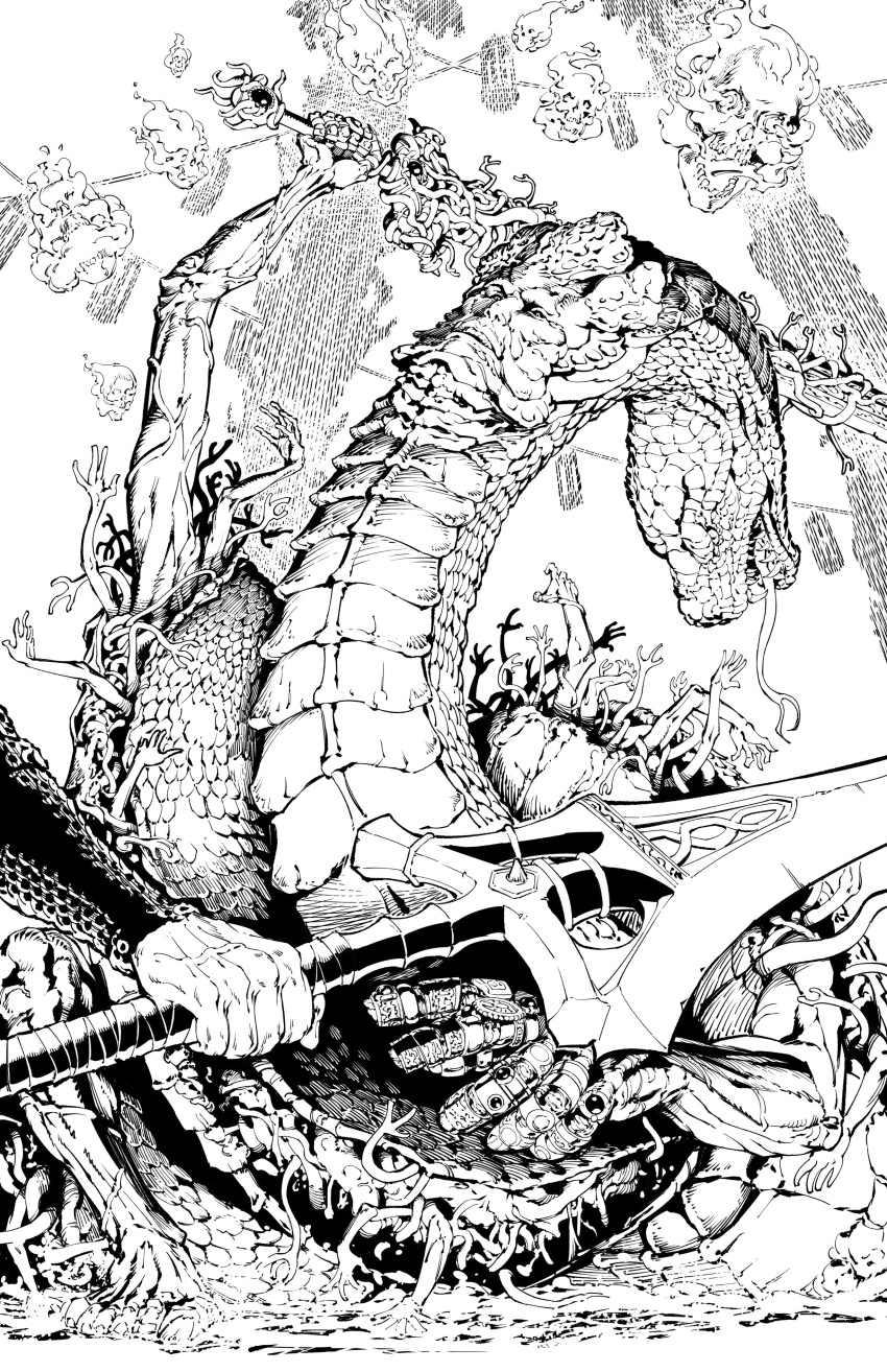 2boys, absurdres, elden_ring, flaming_skull, floating_skull, greyscale, highres, holding, holding_polearm, holding_sword, holding_weapon, igorgrouper, jewelry, monochrome, monster, multiple_boys, multiple_rings, no_humans, out_of_frame, polearm, ring, rykard_lord_of_blasphemy, skull, snake, solo_focus, spear, spoilers, sword, tarnished_(elden_ring), weapon