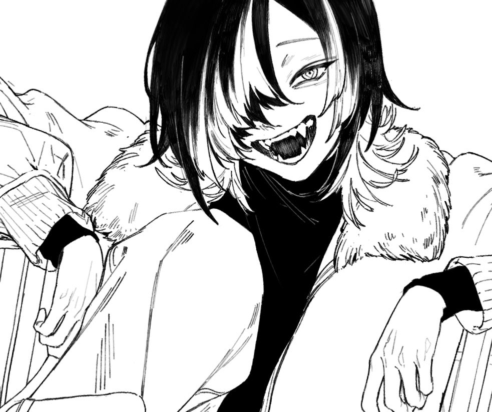 1boy, check_copyright, copyright_request, fangs, fur-trimmed_jacket, fur_trim, greyscale, hair_over_one_eye, jacket, looking_at_viewer, male_focus, monochrome, multicolored_hair, open_mouth, original, rit3set, sketch, smile, solo, turtleneck