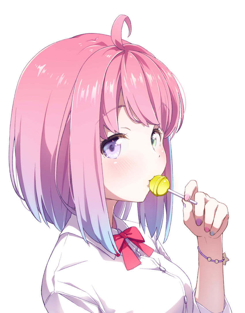 1girl, ahoge, bangs, blue_hair, blush, bow, bowtie, candy