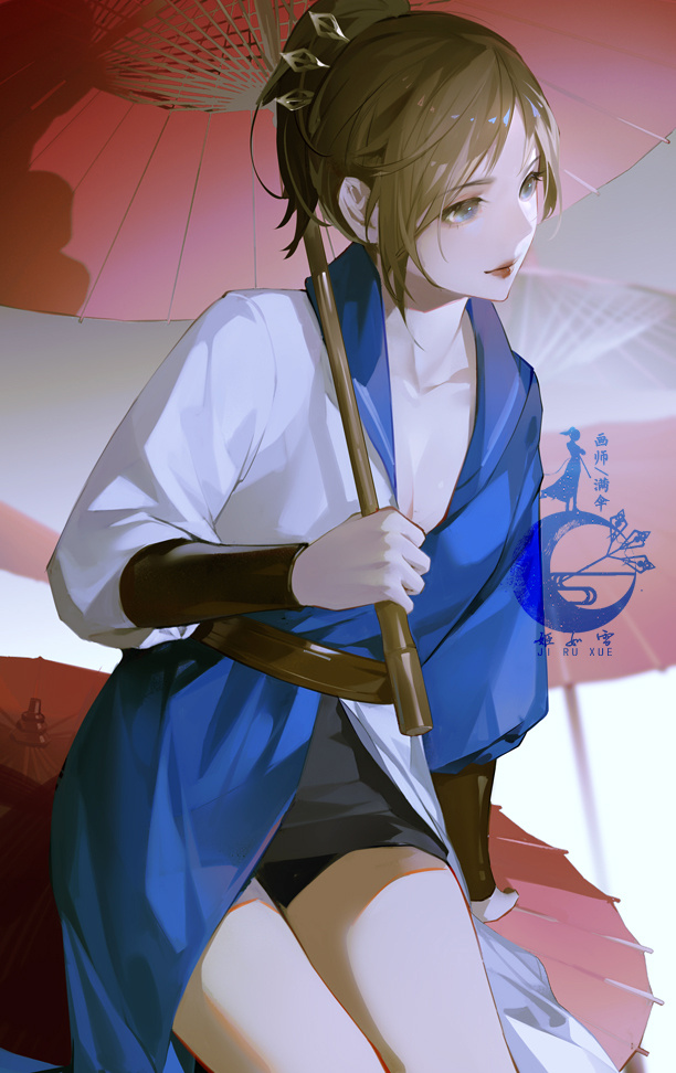 1girl, asymmetrical_clothes, blue_eyes, brown_hair, hair_ornament, hua_jianghu_zhi_bei_mo_ting, ji_ruxue_(hua_jianghu), ji_ruxue_ba_guan_bo