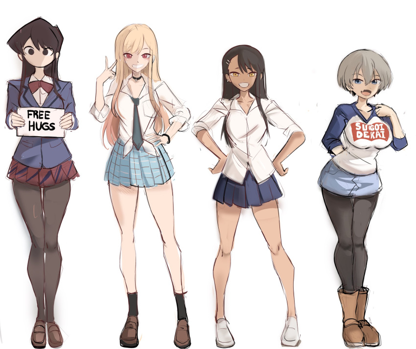 4girls, bangs, black_eyes, black_hair, black_legwear, blazer, blonde_hair, blue_jacket