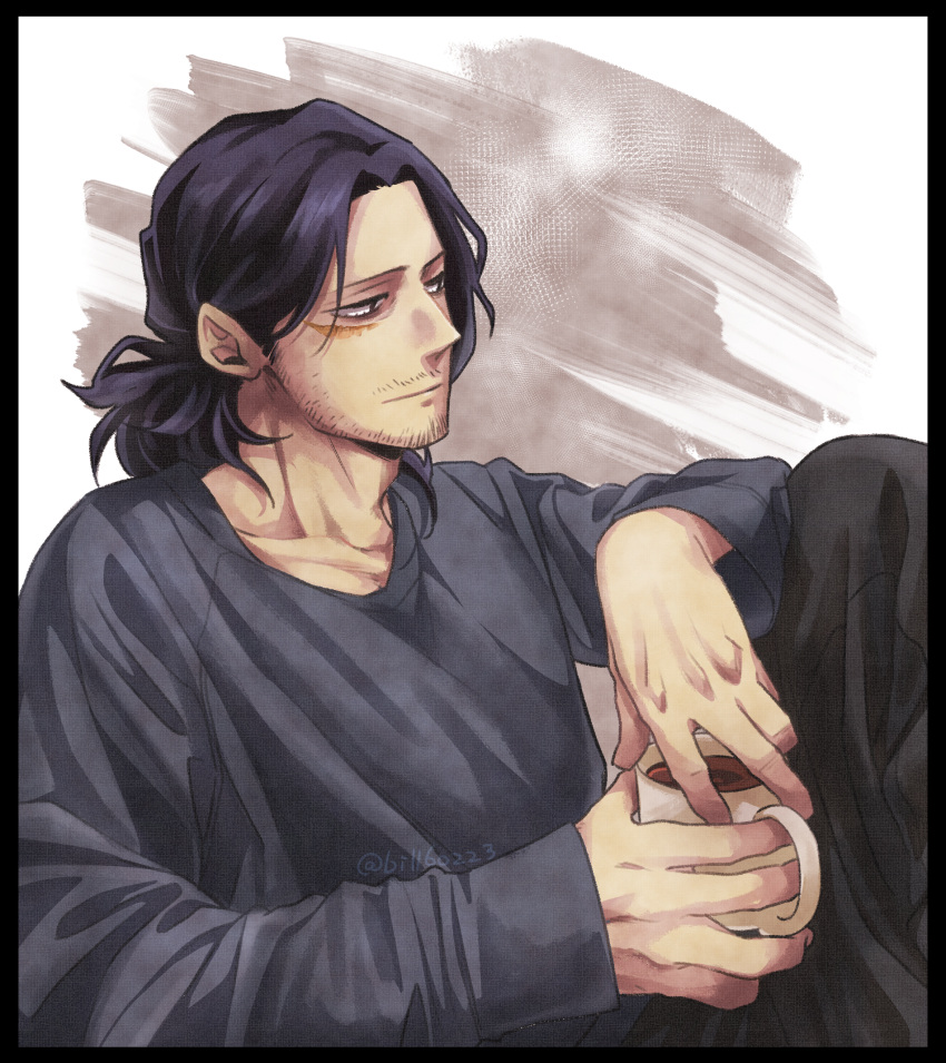 1boy, bags_under_eyes, biru_(k22_t20), black_border, black_hair, black_pants, black_shirt, boku_no_hero_academia, border, closed_mouth, coffee, coffee_mug, commentary_request, cup, eraser_head_(boku_no_hero_academia), facial_hair, highres, holding, holding_cup, long_hair, long_sleeves, male_focus, mug, pants, ponytail, scar, scar_on_cheek, scar_on_face, shirt, solo, standing, stubble, white_background