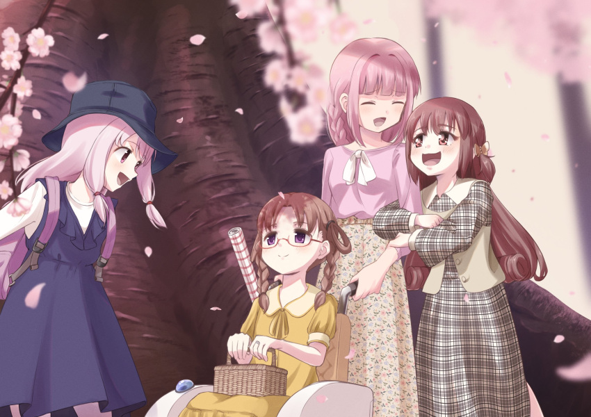 4girls, bangs, blunt_bangs, braid, brown_eyes, brown_hair, cherry_blossoms, dress