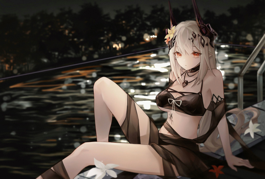 1girl, absurdres, arknights, bangs, bare_legs, bare_shoulders, bikini, black_bikini