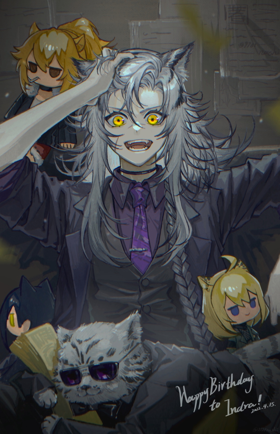 1girl, 9981_n, :d, animal_ears, arknights, arm_up, black_choker, black_jacket, black_vest, braid, character_doll, choker, dagda_(arknights), hair_between_eyes, highres, indoors, indra_(arknights), indra_(valiant_general)_(arknights), jacket, long_hair, looking_at_viewer, morgan_(arknights), necktie, official_alternate_costume, open_mouth, purple_necktie, siege_(arknights), silver_hair, single_braid, smile, solo, sunglasses, tiger, tiger_ears, upper_body, vest, yellow_eyes