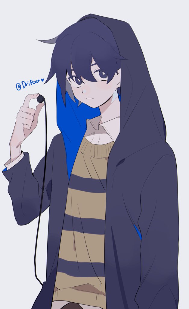 1boy, asphyxia17, black_jacket, blue_hair, blue_jacket, dark_blue_hair, earphones, earphones