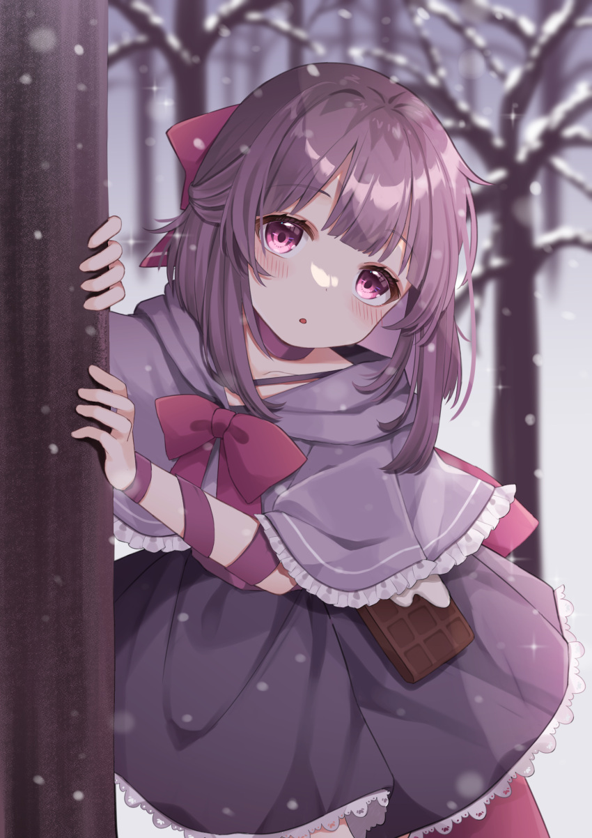 1girl, :o, absurdres, bangs, bare_tree, black_dress, blush, bow, brown_hair, cape, capelet, chocolate, choker, cloak, commission, commissioner_upload, criss-cross_halter, dress, eyebrows_visible_through_hair, fallenshadow, flat_chest, food-themed_clothes, food-themed_ornament, forest, frilled_dress, frills, grey_cape, grey_capelet, hair_bow, halterneck, highres, holding, indie_virtual_youtuber, leaning_on_object, leaning_to_the_side, looking_at_viewer, medium_hair, nature, nono_chitose, open_mouth, outdoors, peeking, peeking_out, petite, pink_bow, pink_choker, pink_eyes, pink_ribbon, ribbon, ribbon_choker, short_dress, sidelocks, skeb_commission, snow, snowing, solo, standing, tree, virtual_youtuber, waist_bow, winter