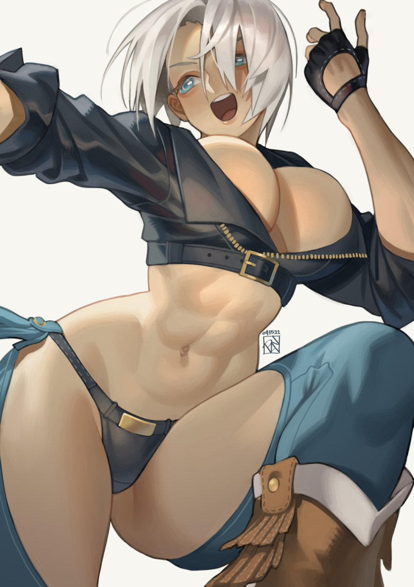 1girl, angel_(kof), blue_eyes, boots, breasts, chaps, cowboy_boots, cropped_jacket