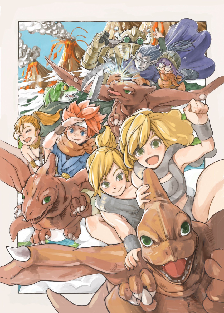 3girls, ayla_(chrono_trigger), bare_shoulders, blonde_hair, blue_eyes, breasts, choker, chrono_trigger