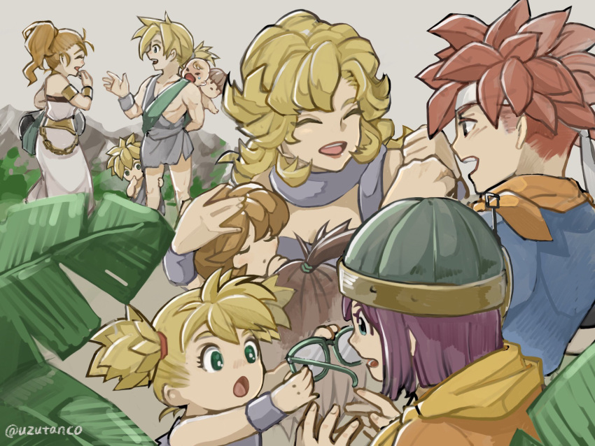 ayla_(chrono_trigger), bare_shoulders, blonde_hair, blue_eyes, chrono_trigger, crono_(chrono_trigger), glasses, green_eyes