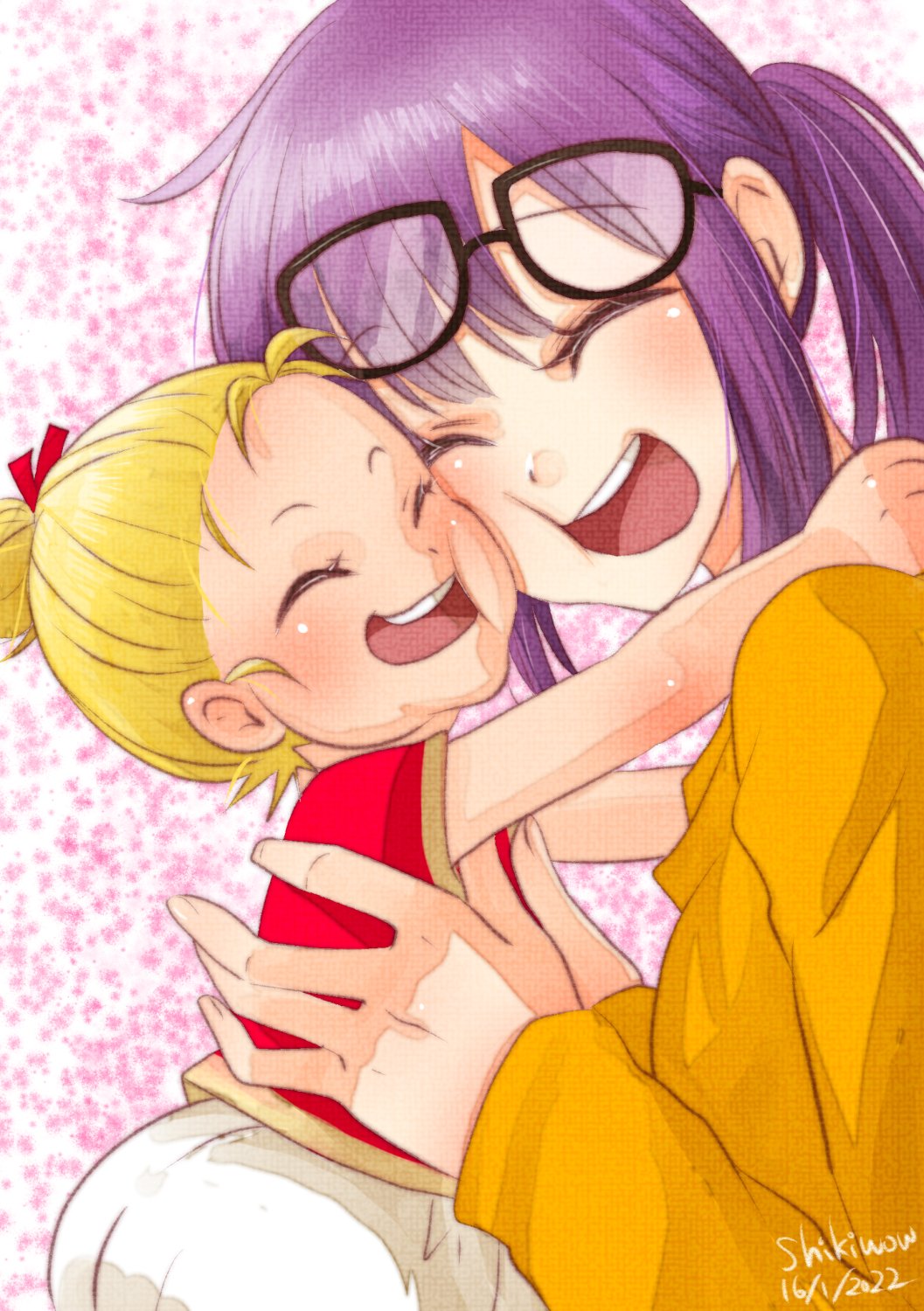 2girls, artist_name, baby, blonde_hair, chrono_cross, chrono_trigger, dated, glasses, highres, kid_(chrono_cross), long_hair, lucca_ashtear, multiple_girls, open_mouth, ponytail, purple_hair, shikiwo, short_hair, smile