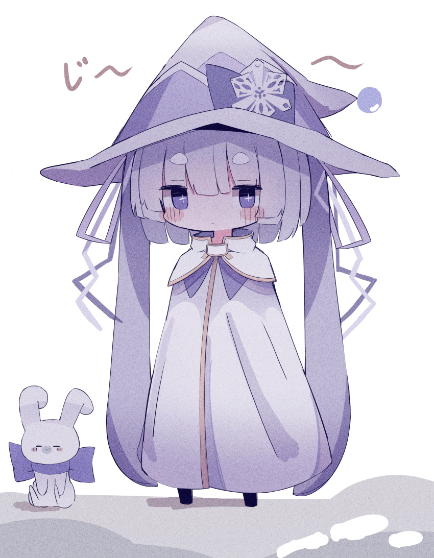 1girl, 1other, =_=, absurdres, animal, blue_eyes, blush_stickers, bow, bowtie, chibi, cloak, expressionless, film_grain, full_body, hair_ribbon, hat, hat_bow, hatsune_miku, highres, jitome, large_hat, light_blue_hair, looking_at_viewer, pointy_hat, rabbit, rabbit_yukine, ribbon, sitting, snowflake_ornament, sparkling_eyes, standing, syare_0603, translated, vocaloid, white_background, white_cloak, white_headwear, witch_hat, yuki_miku, yuki_miku_(2014)