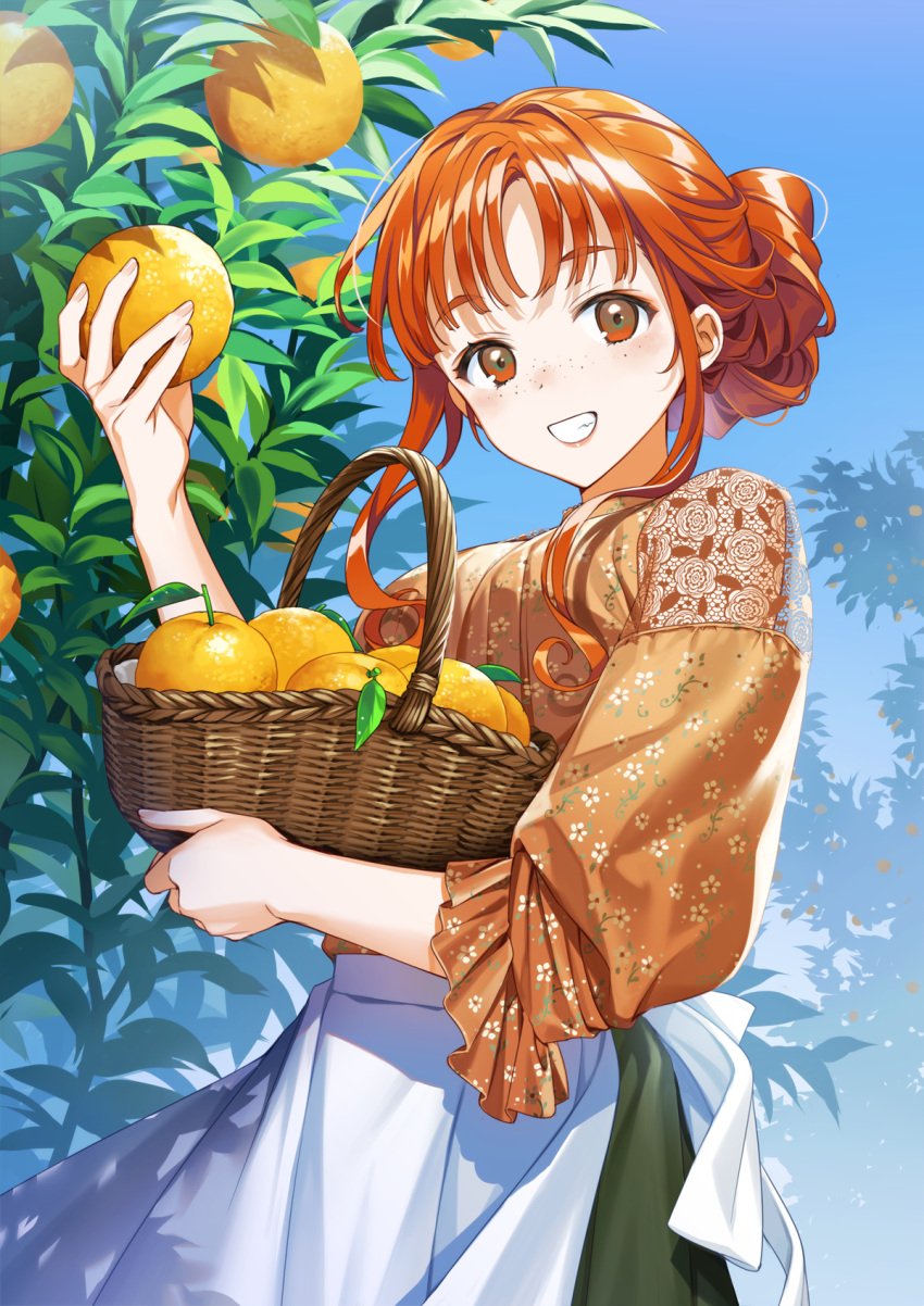 1girl, apron, bangs, basket, blush, breasts, face, food