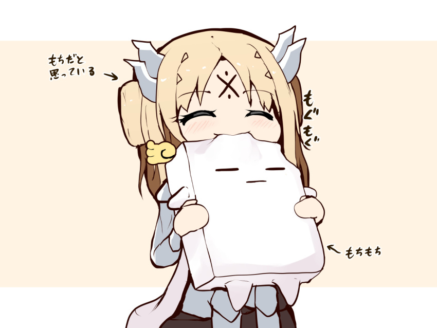 1girl, 1other, blonde_hair, blush, closed_eyes, dogmatika_ecclesia_the_virtuous, duel_monster, eating, expressionless, eyebrows_visible_through_hair, facial_mark, forehead_mark, hair_ornament, holding, long_hair, mokey_mokey, se-u-ra, wings, yu-gi-oh!