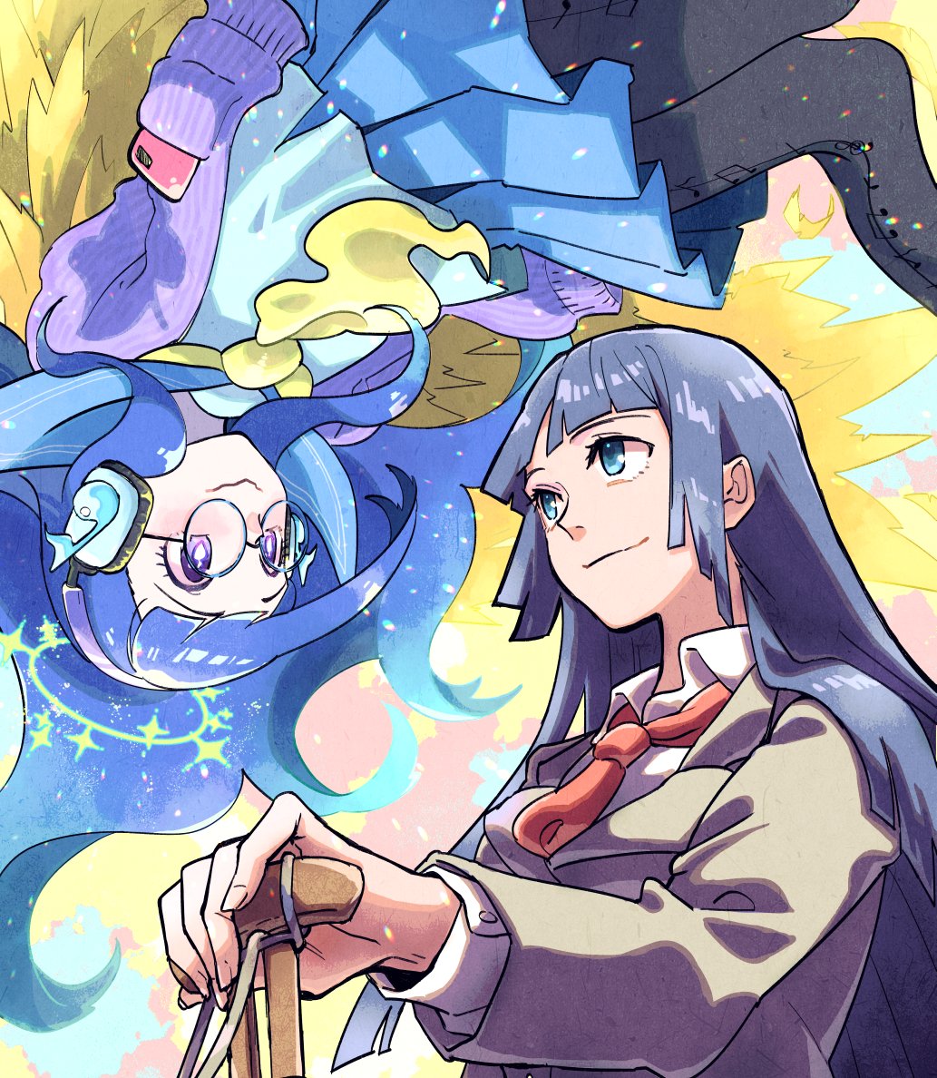 angel, angel_wings, arm_behind_back, asymmetrical_bangs, bangs, black_hair, blue_background, blue_eyes