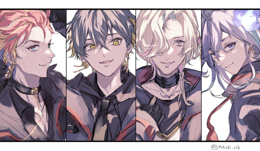 4boys, antenna_hair, aqua_eyes, arm_up, bangs, black_collar, black_gloves, black_hair