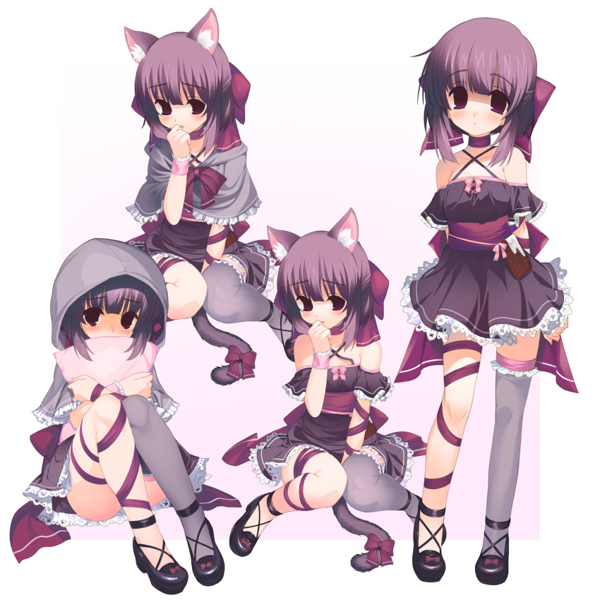1girl, absurdres, animal_ears, arms_behind_back, bangs, bare_shoulders, between_legs, black_dress, black_footwear, blush, bow, brown_hair, cape, capelet, cat_ears, cat_tail, chocolate, choker, cloak, commission, commissioner_upload, criss-cross_halter, dress, eyebrows_visible_through_hair, fallenshadow, flat_chest, food-themed_clothes, food-themed_ornament, frilled_dress, frilled_legwear, frills, full_body, grey_cape, grey_capelet, grey_legwear, hair_bow, halterneck, hand_between_legs, hand_to_own_mouth, highres, hood, hood_up, indie_virtual_youtuber, knees_together_feet_apart, knees_up, legs, legs_together, looking_at_viewer, looking_away, medium_hair, multiple_views, naoya_come, object_hug, off_shoulder, open_mouth, petite, pillow, pillow_hug, pink_bow, pink_choker, pink_eyes, pink_ribbon, ribbon, ribbon_choker, shaded_face, short_dress, sidelocks, single_thighhigh, single_wristcuff, skeb_commission, standing, standing_on_one_leg, tail, tail_ornament, tail_ribbon, thigh-highs, virtual_youtuber, waist_bow, wrist_cuffs, yandere, zettai_ryouiki