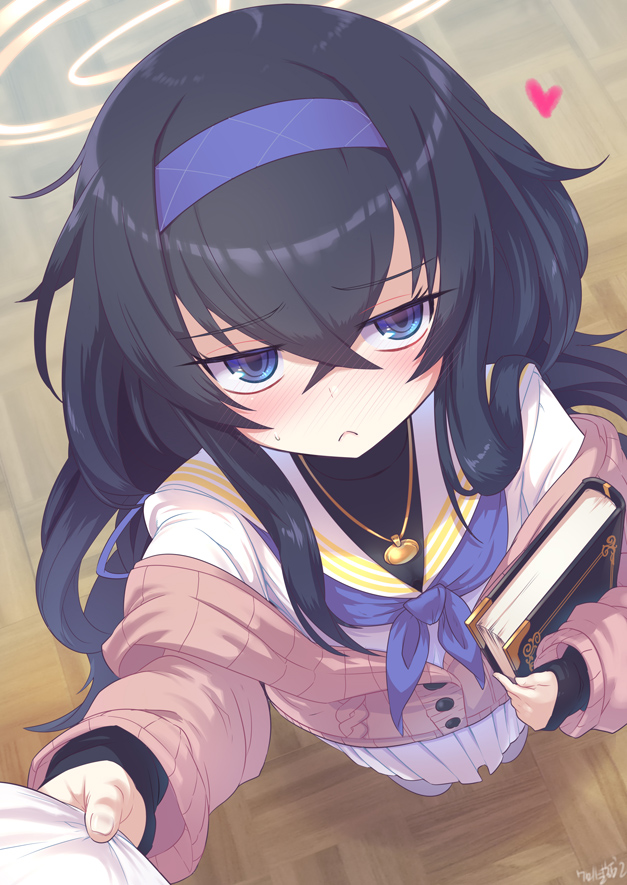 :<, black_hair, blue_archive, blue_eyes, blush, book, commentary_request, floor